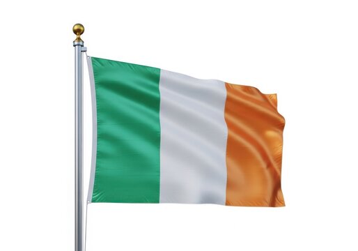 Flag of ireland waving on a flagpole isolated on white background