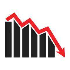 Fototapeta premium Bar chart with red downward arrow, symbolizing financial decline, business graph, isolated on transparent background, economic downturn concept.