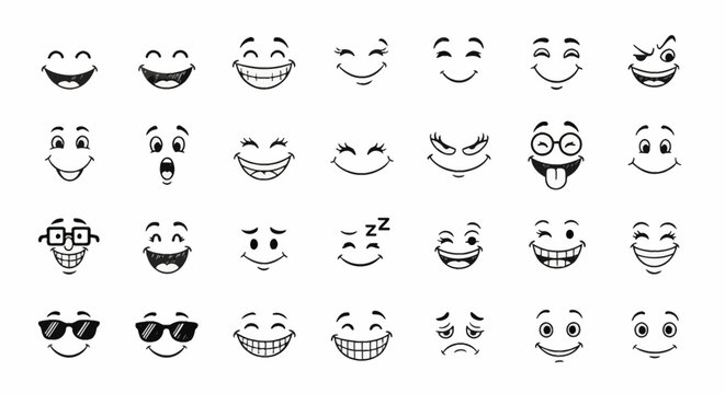 A collection of 35 different cartoon faces with various expressions and emotions, presented in a grid format.