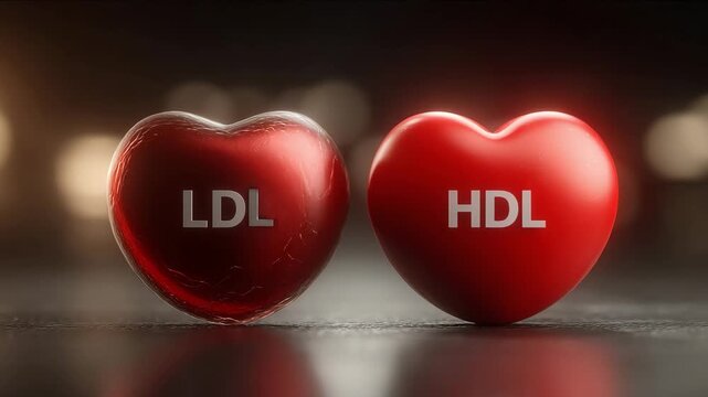 Difference between LDL and HDL cholesterol. Two red heart-shaped objects labeled LDL and HDL shown side by side glossy style on a blurred dark background symbolizing cholesterol health.