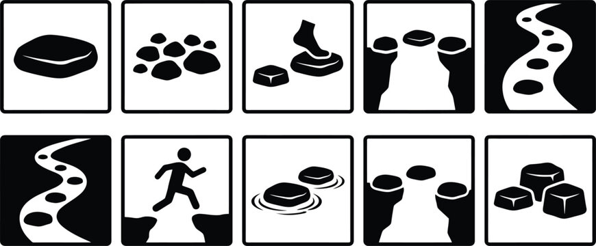 Schwarz-wei&szlig;e Piktogramme und Symbole, die Trittsteine, Wege, Hindernisse und Fortschritt darstellen, ideal f&uuml;r Konzepte von Herausforderungen und L&ouml;sungen.