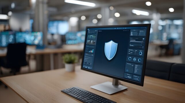 A sophisticated analytics dashboard displayed on a monitor in a professional office setting highlighting cybersecurity and data protection