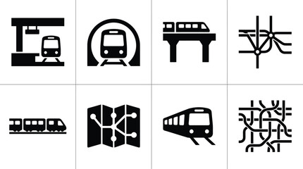 Schwarz-weiße Icons von Zügen, U-Bahnen, Bahnhöfen und Liniennetzen für den öffentlichen Nahverkehr. © Insa Batool