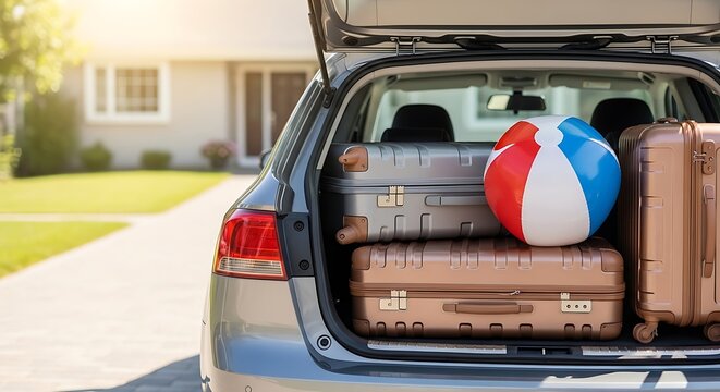 Family vacation packing car with suitcases and beach ball ready for travel adventure, sunny day, suburban home background.
