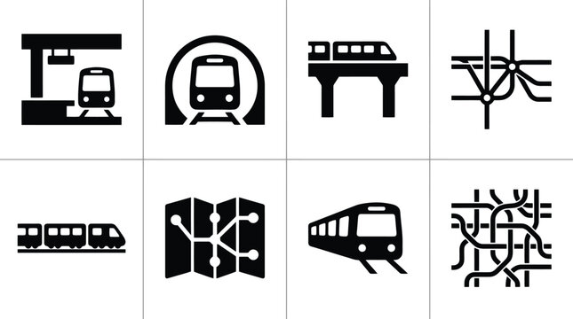 Detaillierte Sammlung schwarzer Icons zum Thema &ouml;ffentlicher Nahverkehr, U-Bahnen und Z&uuml;ge, inklusive Stationen, Tunneln und Streckenpl&auml;nen.
