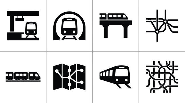 Schwarz-wei&szlig;e Icons von Z&uuml;gen, U-Bahnen, Bahnh&ouml;fen und Liniennetzen f&uuml;r den &ouml;ffentlichen Nahverkehr.