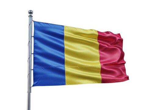 Flag of romania waving on a flagpole isolated on white background