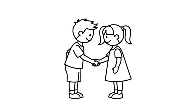 A black and white line drawing of a young boy and a young girl shaking hands.
