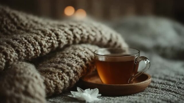 Natural ways to reduce flu duration. Steaming tea in ceramic mug with lemon slice beside knitted wool scarves on rustic wooden table evoking warmth and cozy autumn comfort