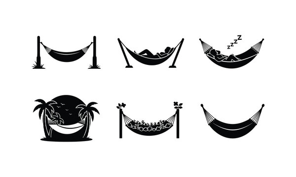 Hammock silhouette vector illustration collection showing different relaxation setups art.