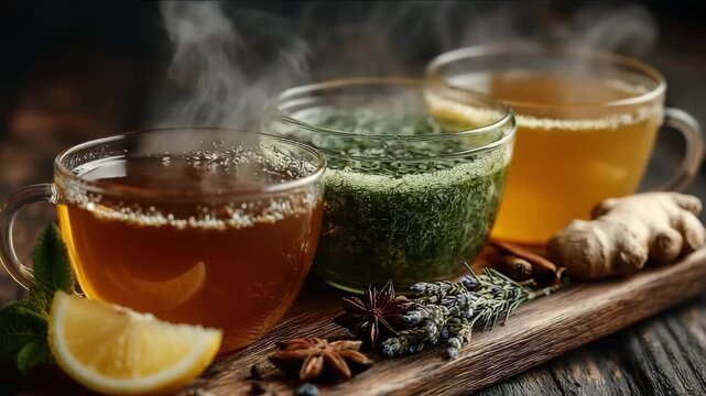 Three steaming herbal tea cups with lemon ginger and spices on rustic dark wood background concept of natural wellness and relaxation