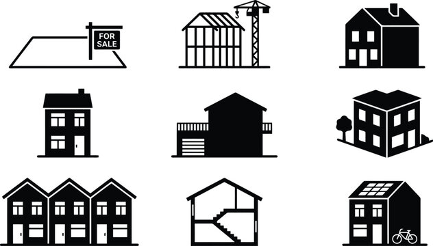Sammlung von neun schwarz-wei&szlig;en Icons, die verschiedene Aspekte von H&auml;usern, Immobilien und Bauwesen illustrieren, darunter Baugrundst&uuml;cke, Rohbauten, fertige Wohnh&auml;user und Reihenh&auml;user.