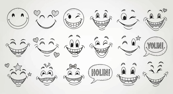 A collection of hand-drawn cartoon smiley faces with various expressions and emotions, rendered in black and white sketch style.