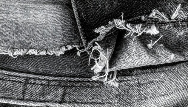 A close up view of a distressed denim garment showing a frayed hem with detailed stitching and worn fabric textures, perfect for fashion, textile design, or creative lifestyle photography projects.