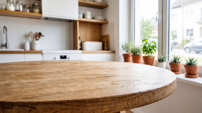 Empty round wooden oak table top in focus with blurred modern bright kitchen interior background.