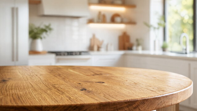 Empty round wooden oak table top in focus with blurred modern bright kitchen interior background.