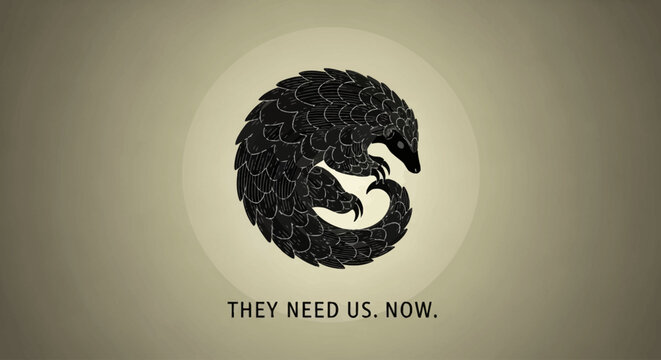 A stylized illustration of a pangolin curled into a ball, with the text "THEY NEED US. NOW." below it.