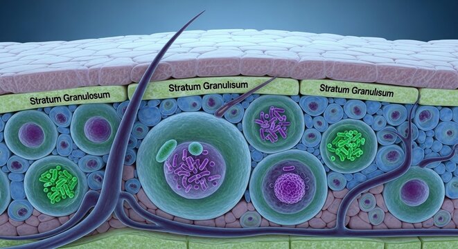 Detailed 3d render of human skin cells with hair follicle, epidermis, dermis, and hypodermis layers