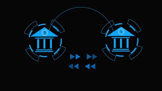 Cyan color bank building icon animation. bank building icon concept on black background 4k video.