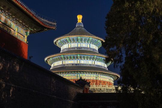 Temple of Heaven illuminated at blue hour in Beijing, China