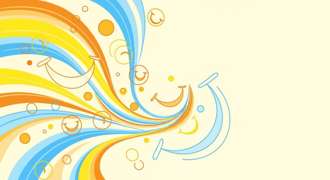 Abstract colorful swirls and smiley faces emanating from the left side of the frame on a light background.