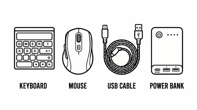 Set of computer accessories and electronic gadgets icons including keyboard, mouse, usb cable and power bank