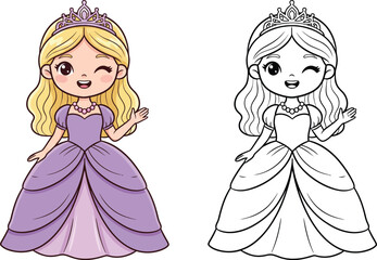 Fototapeta premium Adorable Cartoon Princess Waving in Elegant Purple Gown