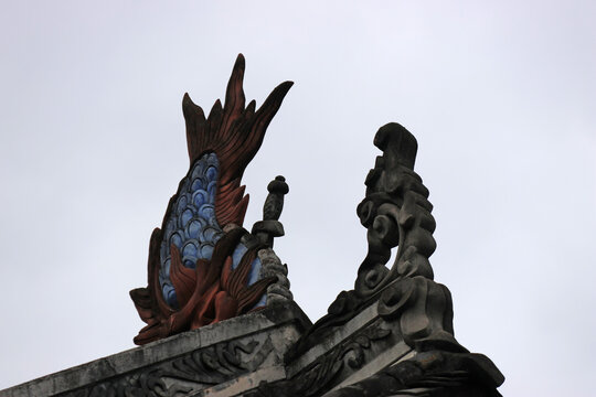 Chiwen (Hornless-dragon mouth) is a roof ornamental motif in the traditional ancient chinese roof at Chengdu Wu Hou Shrine, Sichuan Province of China