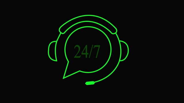 24/7 Customer Support Neon Icon with Headphones and Chat Bubble on Office icon animation.
