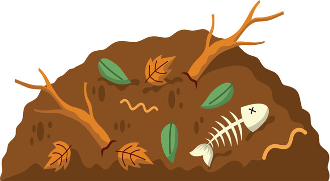 pile of dirt with leaves branches and fish skeleton