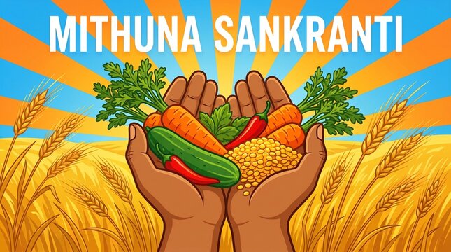 Mithuna Sankranti, Hands holding fresh vegetables celebrate Mithuna Sankranti harvest festival
