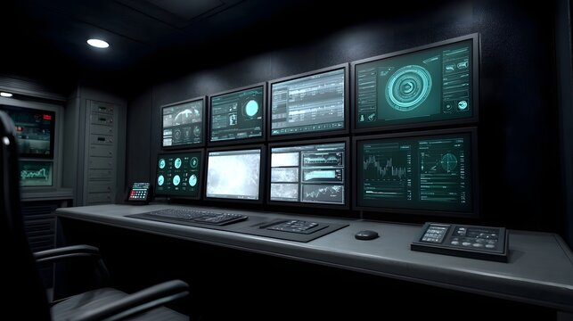High tech control center console displaying complex data visualizations and advanced ope nal schematics in a dark sophisticated environment
