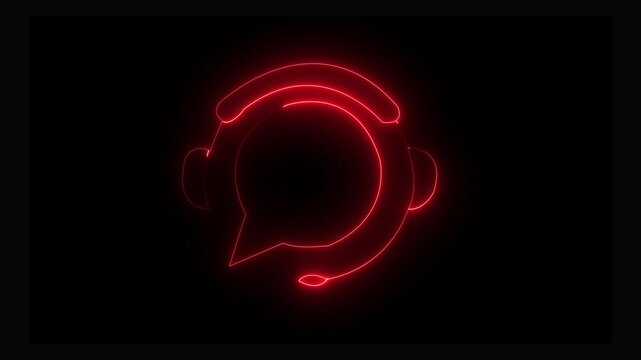 Customer Support Neon Icon with Headphones and Chat Bubble on black background 4k animation.