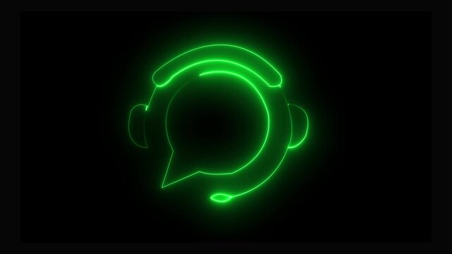 Customer Support Neon Icon with Headphones and Chat Bubble on black background 4k animation.