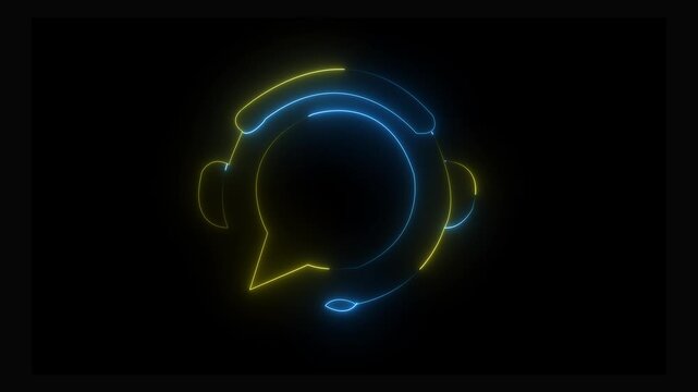Customer Support Neon Icon with Headphones and Chat Bubble on black background 4k animation.