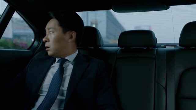 Businessman In Limousine Interior. Corporate Traveler In Leather Seat Shows Anxiety Through Expression