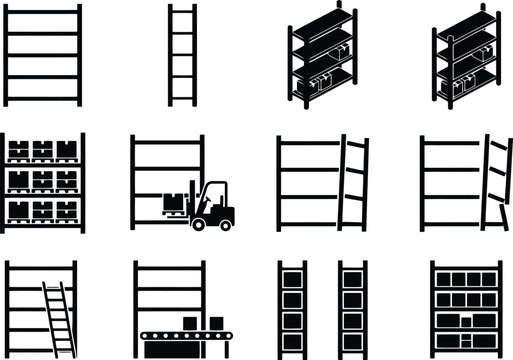 Verschiedene Symbole und Piktogramme f&uuml;r Lagerregale, Logistik und Warenlagerung in Schwarz-Wei&szlig;.