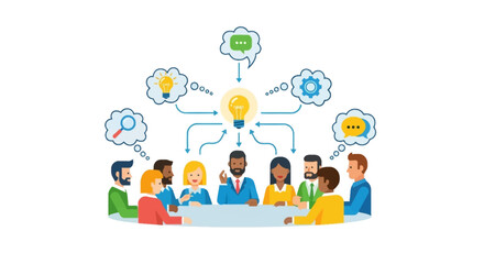 Fototapeta premium Diverse group of professionals collaborating around a table, brainstorming ideas with lightbulbs and thought bubbles symbolizing innovation and teamwork.