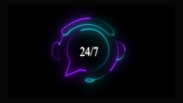 24/7 Customer Support Neon Icon with Headphones and Chat Bubble