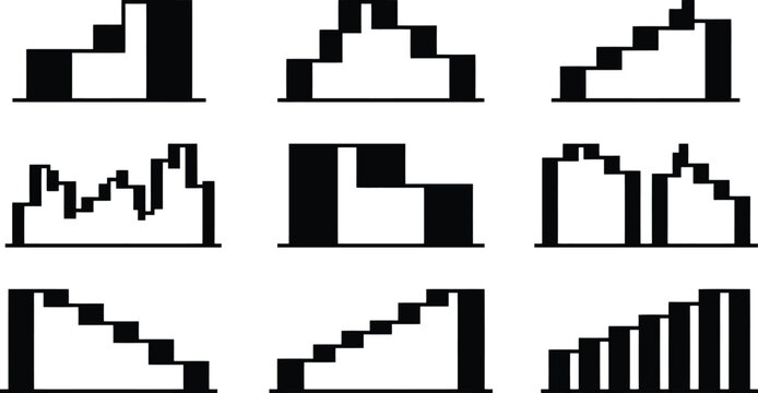 Neun verschiedene Schwarz-Wei&szlig;-Pixelkunst-Darstellungen von abstrakten geometrischen Formen, die an Treppen, Balkendiagramme und Stadtansichten erinnern.