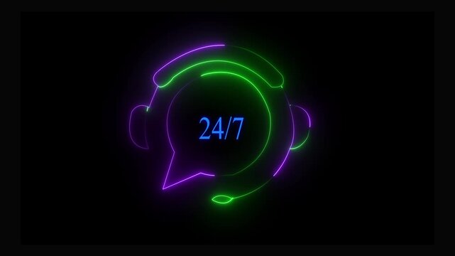 24/7 Customer Support Neon Icon with Headphones and Chat Bubble