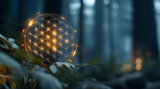 Sacred geometry Flower of Life symbol glowing in a misty forest scene for a nature and spiritual energy concept. Defocused forest background. Forest Flower of Life, glowing