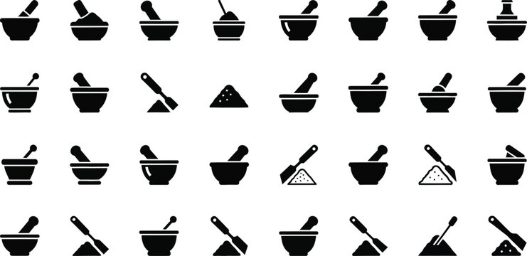 Mortar and pestle icons depict various apothecary tools used for crushing and mixing ingredients.