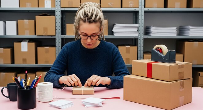 Woman tying a gift box with string in a warehouse full of packages, preparing orders for shipping