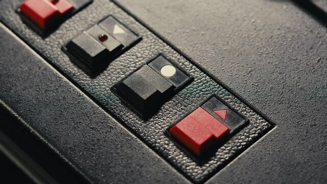 Tape audio music player, studio magnetic tape, vintage retro spool reel to reel player and recorder, magnetic tape data storage close up, music studio. 