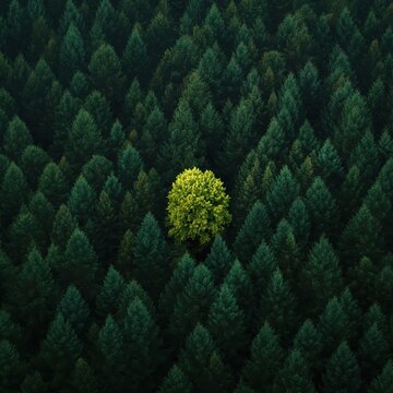 Aerial view of single bright green deciduous tree standing out among dark coniferous forest
