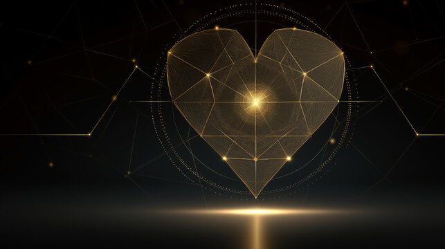Intricate golden geometric heart design with sacred geometry and symmetry representing love and spiritual pattern. Golden heart geometry, sacred symmetry, love pattern, spiritual