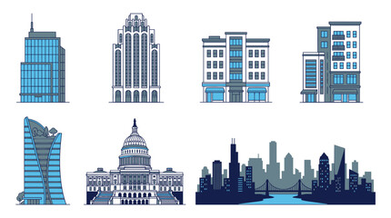 Obraz premium Collection Of Stylized Buildings And City Skylines In Flat Design architecture skyscraper