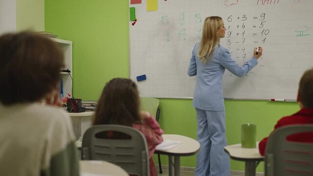 Math teacher quizzing pupils and writing equation on board in classroom lesson