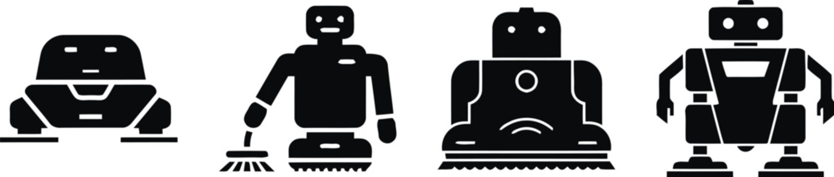 Black robot icons with cleaning tools